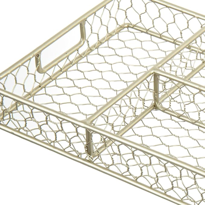 MyGift 4 Compartment Vintage Brass Tone Metal Chicken Wire Desk Organization Tray with Handles, Office Desktop Supplies Storage or Makeup Accessories Drawer Organizer
