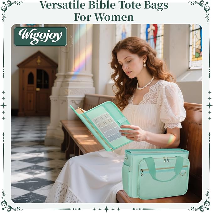 Large Bible Cover Case for Women, Bible Cover with Book Sleeve, Thick Padded Bible Case, Working Bible Tote Bag with Laptop and Bottle Pockets, Church Bag, Bible Bags for Women, Girl, Green