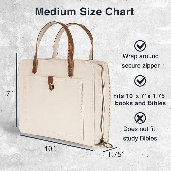 Bible Cover for Women by Bekah Rose | Canvas Case with Leather Handles, Purse Style Bible Bag with Zippered Closure and Snap Pocket (White/Cream, Medium Bibles)