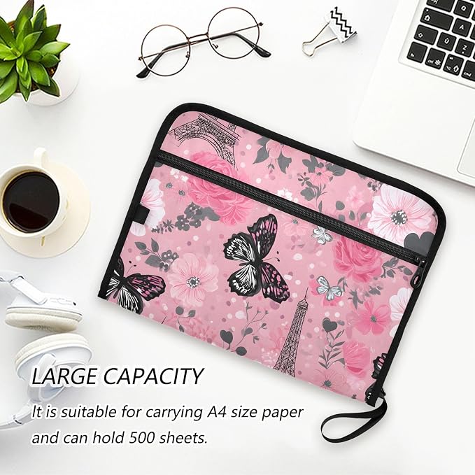 Expanding File Folder Butterfly Rose Eiffeltier Tower Paris France Accordion File Organizer 13 Pockets Document Organizer with Zipper Labels A4 Letter Office Storage