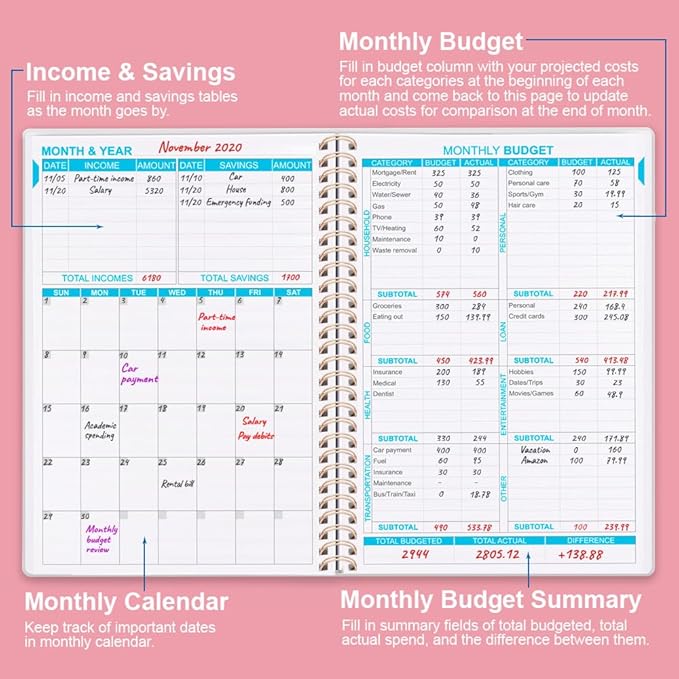Budget Planner - Monthly Budget Book with Expense Tracker Notebook, Undated 12 Month Bill Organizer & Finance Planner to Manage Your Money, Account Book with Colorful Tabs, 5.8" x 8.5", Pink