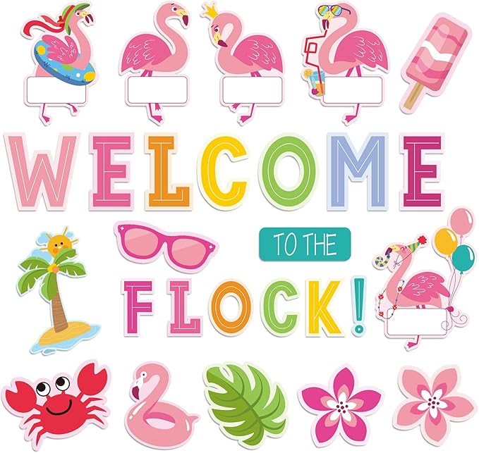Whaline 59Pcs Flamingo Bulletin Board Decor Tropical Pink Flamingo Classroom Decor Summer Beach Back to School Decoration Welcome to The Flock Cutouts for Hawaiian Luau Party School Classroom
