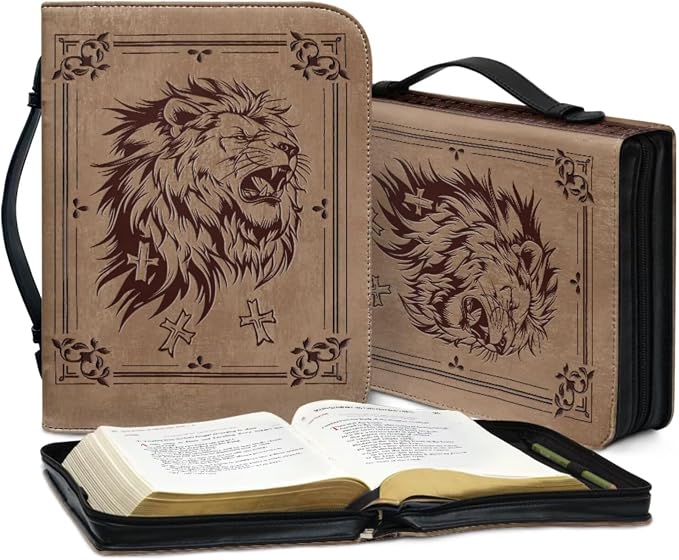 Vintage Religious Lion Bible Case with Bookmark Waterproof Bible Cover Case for Women Lightweight Bible Bag with Handle Pockets Church Book Bag Brown