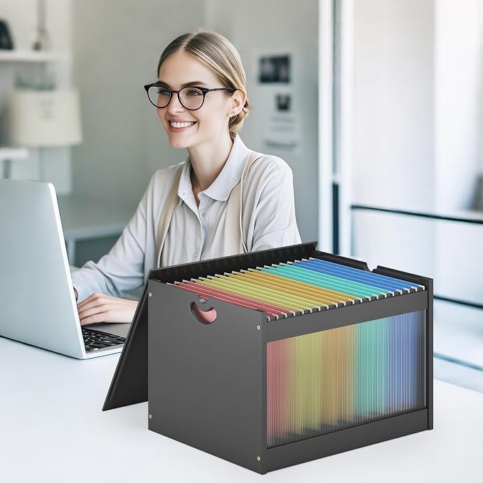 Hanging File Box Organizer for Letter Size, Bamboo Acrylic File Folder Storage with Lid Clear Moving Boxes Wooden with Handle Desktop Filing Holder for Office Banker Document