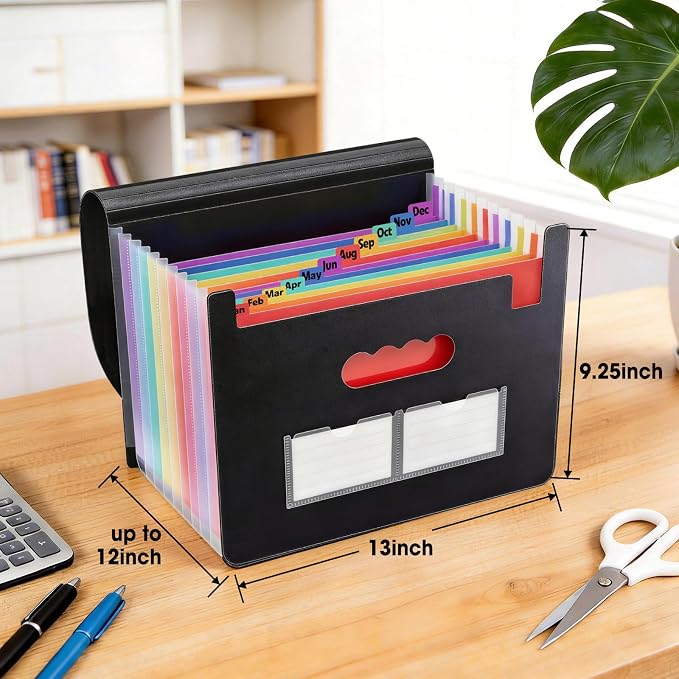 2 Pack Accordion File Organizer, 13 Pockets Expanding File Folder, Portable Paper Receipt Bill Organizer, Letter A4 Size Document Organizer with Colorful tabs, School Office Supplies