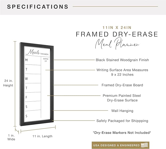 MCS Dry Erase Weekly Meal Planner 11x24 Black Framed Calander Whiteboard for The Wall, Plan Your Meals for The Week, Family Weekly Planner for Dinners & More–Including Shopping List