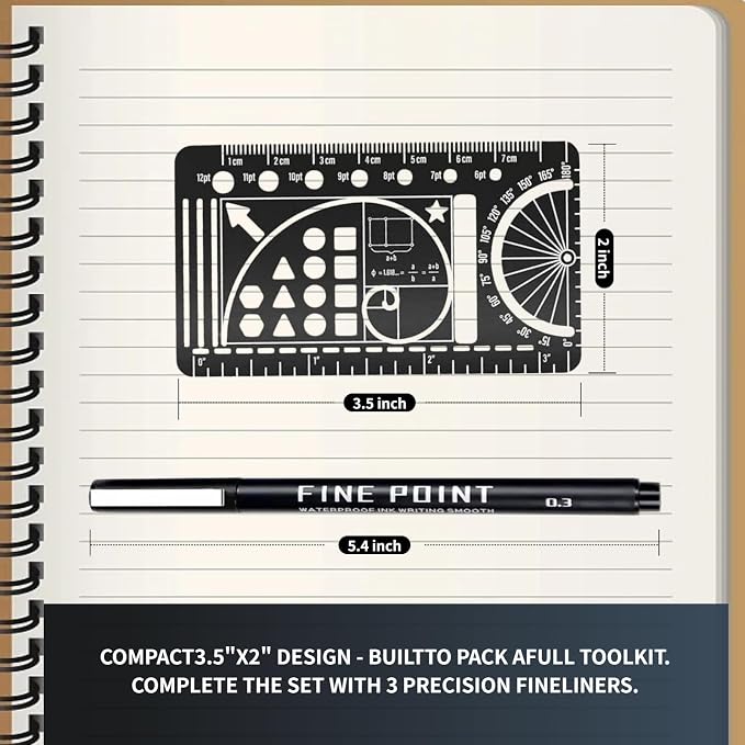 Planner Bullet Journal Stencil,Set Stainless Steel Stencils Metal Bookmark with 3 Fineliner Pens Set,Ruler Conversion, Protractor & Golden Ratio Stencils for Journaling,Bible Study,Sketching & Notes