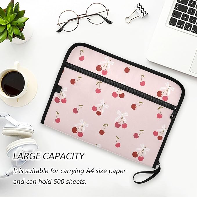 Cherry Striped Bow File Folders,Plastic Folders with 13 Pockets,Expandable File Folder for Documents School Students Office,Aesthetic Folder with Labels A4 Letter Size