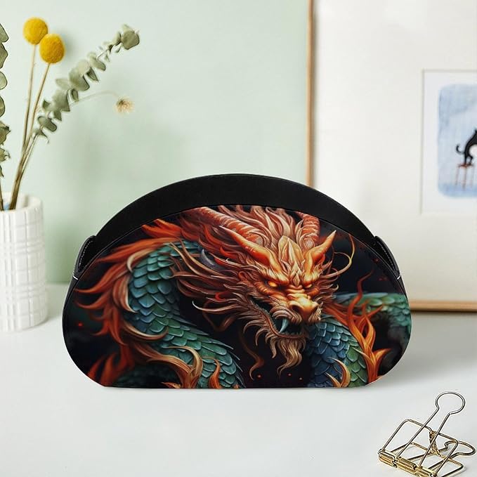 Chinese Dragon TV Remote Control Holder PU Leather Storage Caddy Box 5 Compartments Multi-functional Desktop Organizer Store for Brush Office Supplies Pen Glasses
