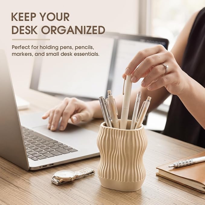 Aesthetic Desk Organizer Boho Pen Holder Modern Pencil Holder Beige Plastic Makeup Brush Organizer for Office Desk Accessories Stylish Home Office Art Decor Supplies(Stylish)