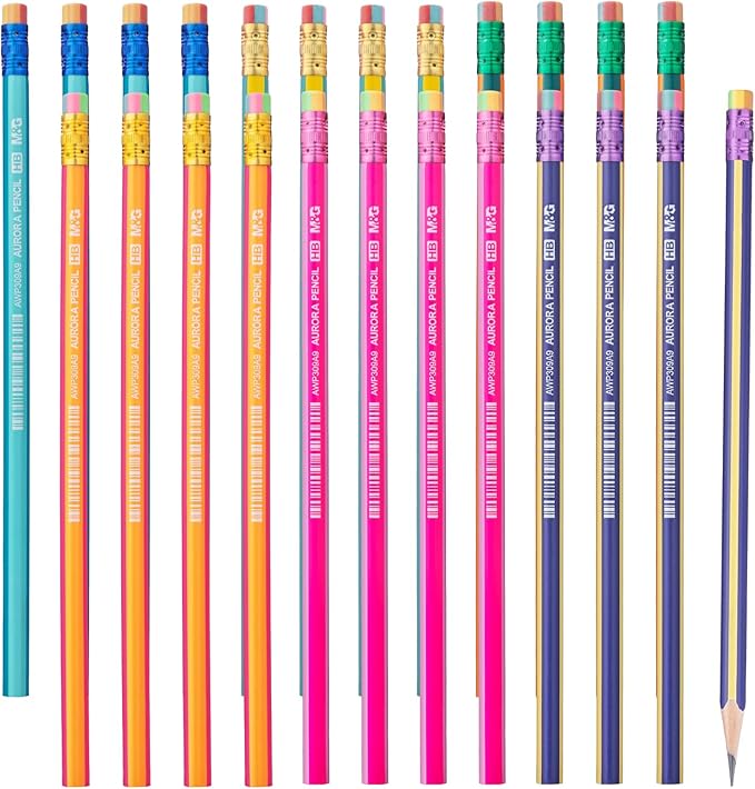 M&G Aurora Series 24 Pack HB Triangular Wood-Cased Pencils, Unsharpened with Erasers, Smooth Writing Break-Resistant Core, 6 Two-Tone Striped Colors for School Office Classroom Supplies