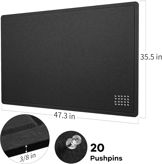 Lightomorrow Large Bulletin Board - 48 x 36 Inches, Decorative Felt Pin Board for Wall - 4' x 3' Foldable Photo Display Board with Self-Adhesive Tape, Includes 20 Push Pins - Black