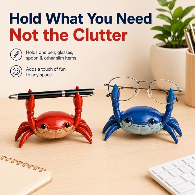 GOOGO 2 Pieces Cute Crab Pen Holder & Eyeglass Stand, for Back to School Graduation Gift Office Home Store Accessories Holder, Unique and fun gifts