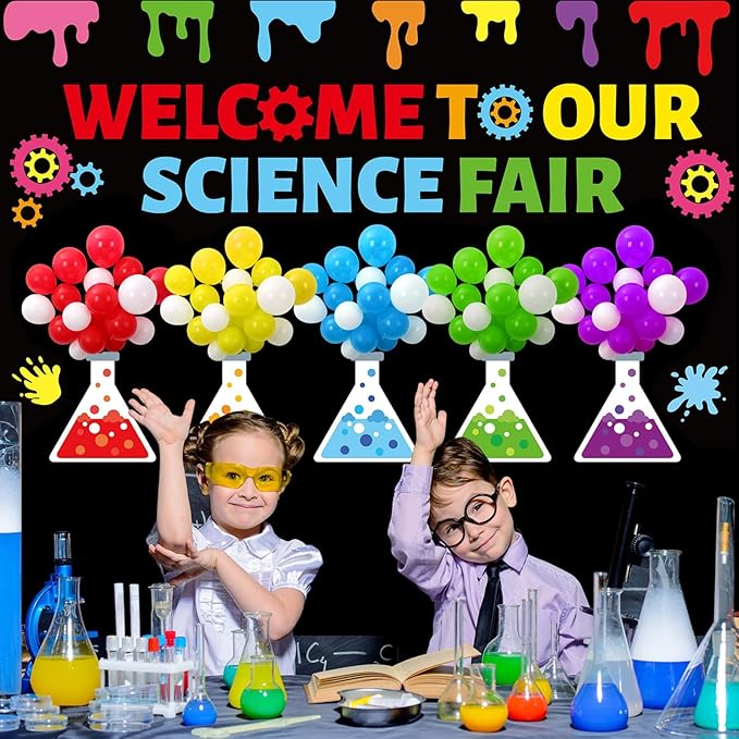 Science Bulletin Board Set 3D Balloon Welcome to Our Science Fair Board Craft for Classroom Decorations Colorful Balloons Chemistry Lab Cutouts for School Library Home Wall Decor Supplies