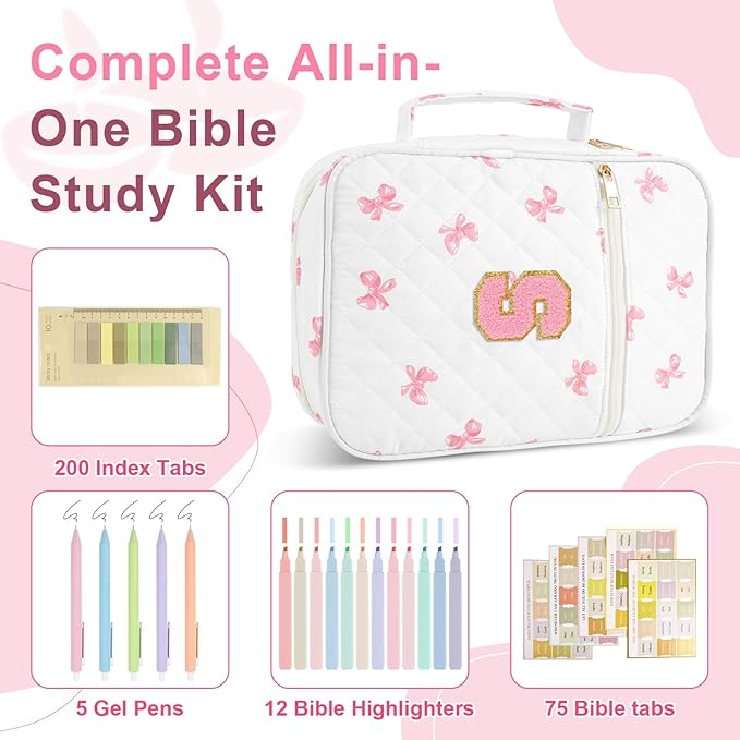 Personalized Initial Bible Cover Case for Women Girls Kid - Large Quilted Bible Case with Handle, Stylish Chenille Letter Bag Study Supplies, Perfect Christmas Gifts for Christians Women (Pink Bow-S)