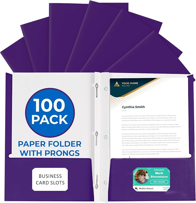 100 Pack Purple 2 Pocket Paper Folders. EPI Heavy Duty, Bulk Folders with Pockets, Prongs and Business Card Slots. Letter Size Document Organizers. Durable Portfolio for School, College, Office Files