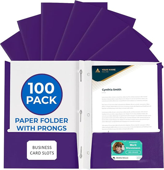 100 Pack Purple 2 Pocket Paper Folders. EPI Heavy Duty, Bulk Folders with Pockets, Prongs and Business Card Slots. Letter Size Document Organizers. Durable Portfolio for School, College, Office Files