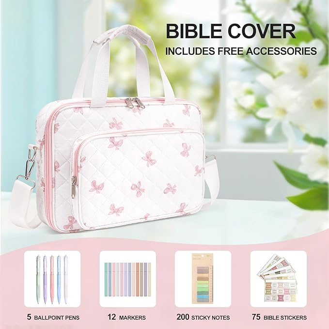 honitty Bible Bag, Bible Cover Case for Women, Quilted Bible Cover with Shoulder Strap, Bible Bags for Women Organizer