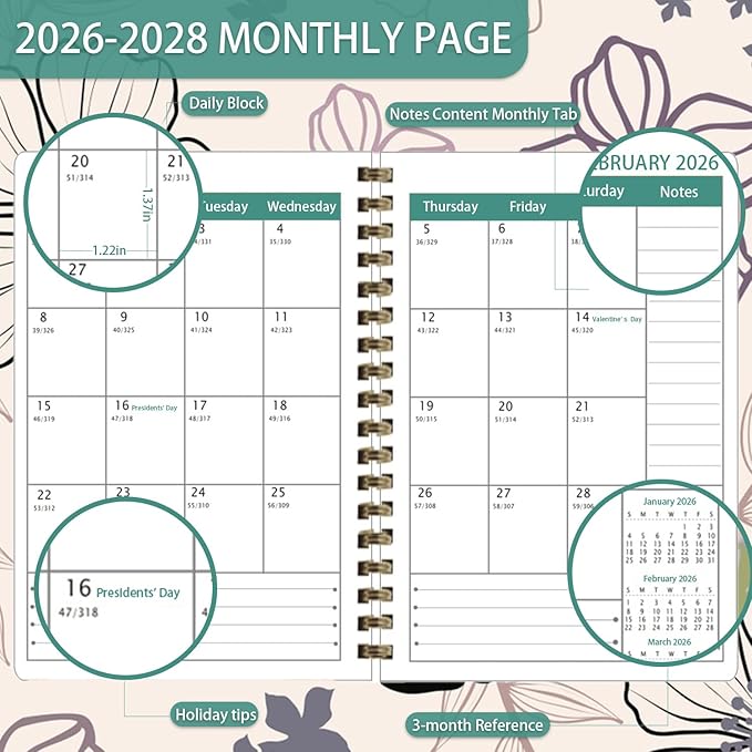 2026-2028 Planner, Three-Year Planner, Daily Plan and Monthly Plan Book, Bound with Iron Circle, A5 (8.26 "x 5.9") (White)