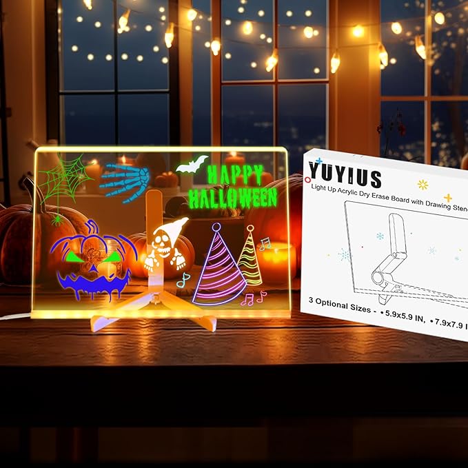 LED Acrylic Message Board, Light Up Acrylic Dry Erase Board 5.9x5.9” with Stand, LED Note Board with Colors, Glow Memo Message Writing Board with Light, Drawing Stencils Set Included