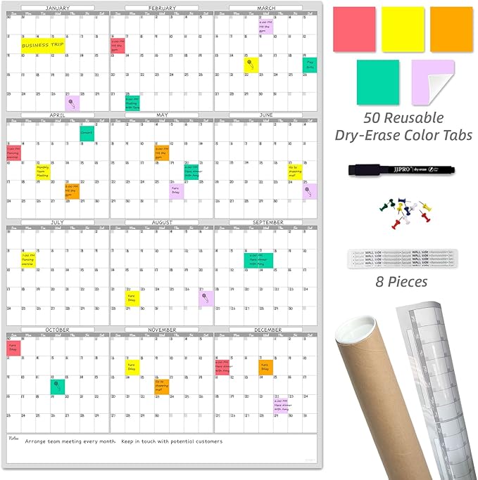 Large Dry Erase Wall Calendar - Blank Undated Yearly Wall Calendar - 38x26 Inches Whiteboard Premium Laminated Planner with 50 Reusable Color Tabs -12-Month Calendar Laminated Office Jumbo (Vertical)
