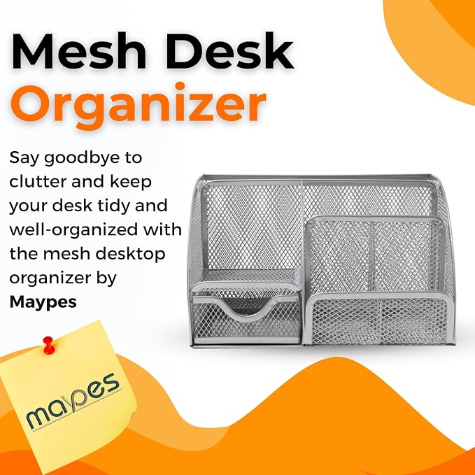 Mesh Desk Organizers with Compartments, 6-Section Desktop Storage Caddy with Drawer for Home, Office, and School, Sticky Notes, Pen & Pencil Holder, Silver