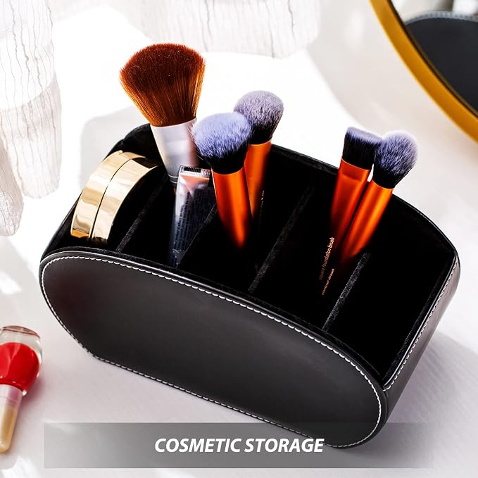 BONNY DODO PU Leather Multi-Functional Office Organizar Box Remote Control Holder Desk Storage Suppliers Caddy Table with 5 Compartment Store TV Remote, Brush, Pencil, Glasses, Media Player (Black)