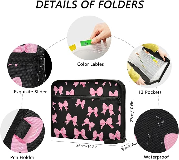 Expanding File Folder Pink Bow Black N Accordion File Organizer 13 Pockets Document Organizer with Zipper Labels A4 Letter Office Storage