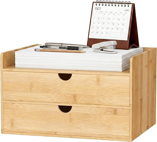 Desk Organizer with Drawers - Bamboo Desktop Organizer Storage | White-Natural Wood Desk Drawers Organizer for Bills, Office Supplies, Cosmetics, Seals No Assembly Required