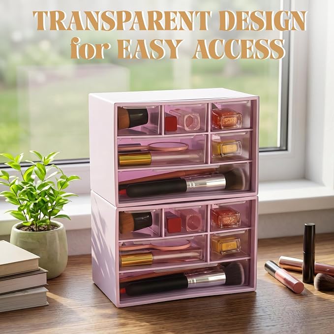 Briwooody 6 Pack Desk Storage Organizer with 6 Drawers 3 Tier Stackable Desktop Storage Box Drawers 7.1''x3.9''x4.7 ''plastic Craft Organizer Drawer for Stationery Makeup Office School(Purple)