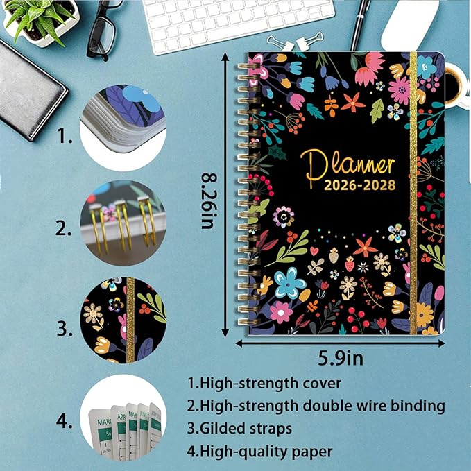 2026-2028 Planner, Three-Year Planner, Daily Plan and Monthly Plan Book, Bound with Iron Circle, A5 (8.26 "x 5.9") (Black)