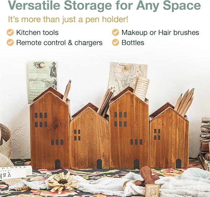 4-piece Kids Wooden Study Desk Organizers - Whimsical Farmhouse Style Table Decor Storage Box for Teacher Supplies - Girls Room Pencil Holder for Desk - Art & Stationery Supplies Organizer