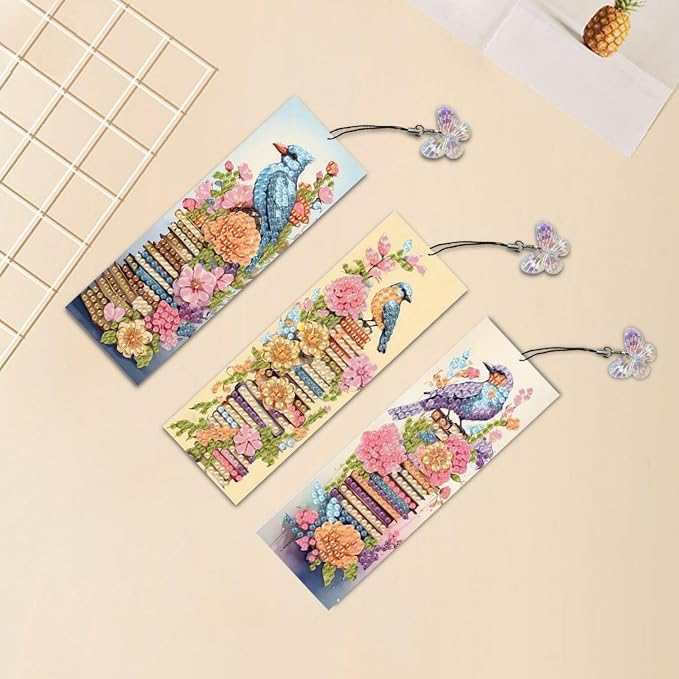 ARTopet 3Pcs DIY Diamond Art Painting Bookmarks with Colorful Butterfly Pendant PET Bookmark Ornament Double Sided Pattern Single Sided Diamond Book Marker Clip Gifts Tags-Book Pile Bird