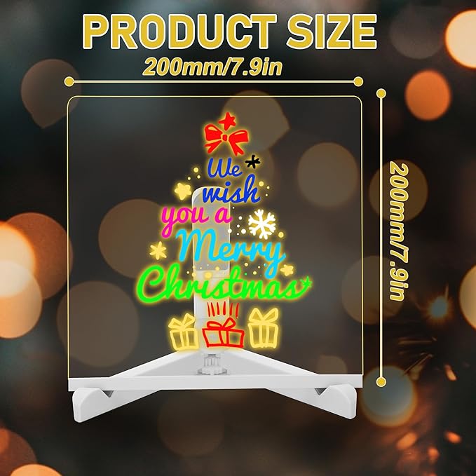 LED Note Board with Colors, Acrylic Dry Erase Board with Light, Magical Light Board, Light Up White Board with 7 Color Pen and Adjustable Stand, for Office School Home, Gift for Kids(8"x8")