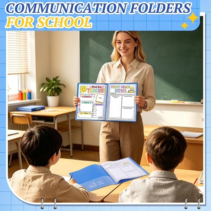 12 Pcs Take Home Folders for Elementary Students,Back to School 2 Pocket Folders with Clear Front Pocket 4 Inner Pockets,Plastic Parent Teacher Communication Folder 11.81 x 9.45 Inch (Blue)