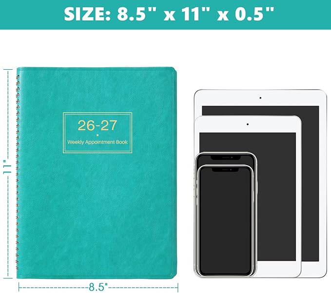 Weekly Appointment Book & Planner 2026-2027 - Large 2026-2027 Daily Hourly Planner, Jul. 2026 - Jun. 2027, 8.5" x 11", Appointment Book with 15-Minute Interval, Thick Paper, Pocket, Turquoise