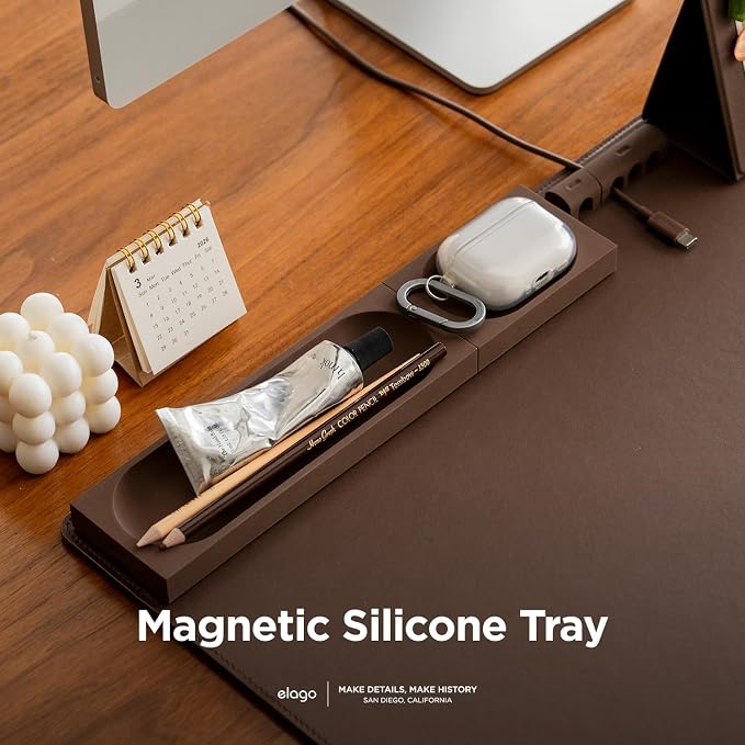 elago Smart Magnetic Desk Mat Pencil Tray – Soft Silicone Organizer for Office Supplies, AirPods, Glasses, Pens – Noise-Free, Washable, Item for Desk Management [Medium-Small Set] (Brown)