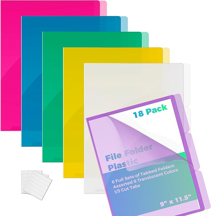 Better Office Products Poly Project Document Pockets, 18 Pack, 1/3 Cut Tabs, Plastic File Jacket Sleeves for Letter Size Paper, 6 Translucent Colors, 6 Full Sets of Tabbed Folders,