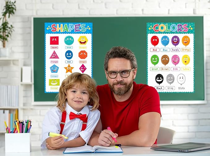D4DREAM Preschool Posters - 2Pcs Toddler Learning Posters Laminated Shapes Color Poster for Classroom Decoration Pre-K Kindergarten Homeschool Nursery Daycare Essentials for Teacher Supplies