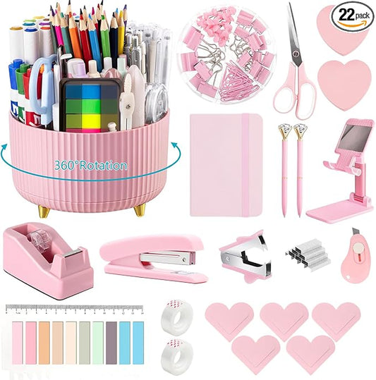 Office Supplies,Pink Desk Accessories,Desk Organizer,Stapler,Tape Dispenser,Folding Phone Stand,Scissors,Notebook,Staple Remover,Staples,Clear Tape,Sticky Notes,Clips,Cool Pen,Bookmark,Ect.22pcs