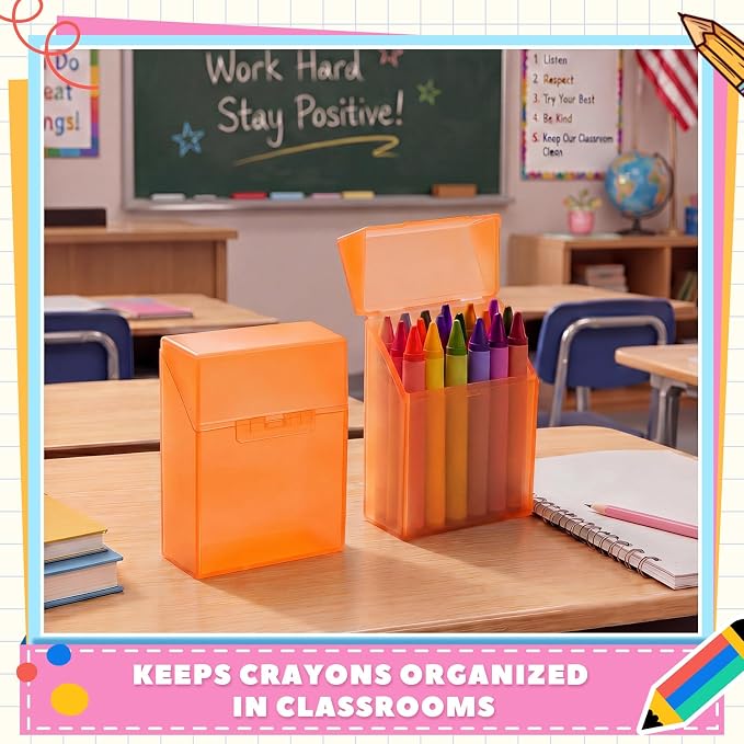 Clabby 4 Pcs Plastic Crayon Organizer Case for 24 Count Crayons Kids Art Supply Storage Box with Lid, Portable Holder for Classroom Home Travel, Fits Standard 24-Pack Crayon (Orange)