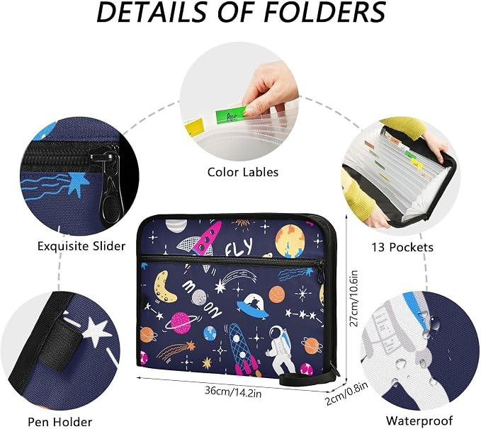Space Rocket Astronaut Planet File Folders,Plastic Folders with 13 Pockets,Expandable File Folder for Documents School Students Office,Aesthetic Folder with Labels A4 Letter Size