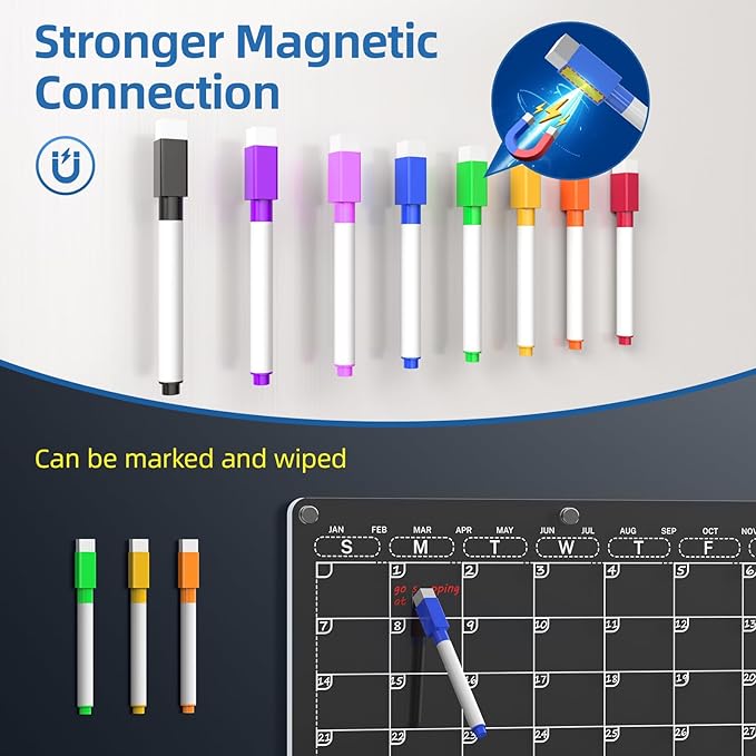 Acrylic Fridge Calendar, Magnetic Calendar for Refrigerator with 8 Colorful Markers, Clear Dry Erase Board Reusable Planning Set for Important Events, (Monthly Planner+Weekly Planner)