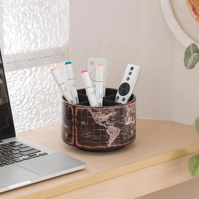 Vintage World Map Remote Control Holder, 360 Degree Rotating Desk Organizer and TV Remote Caddy, PU Leather Spinning Pen Holder for Living Room, Nightstand, and Office Supplies PH132