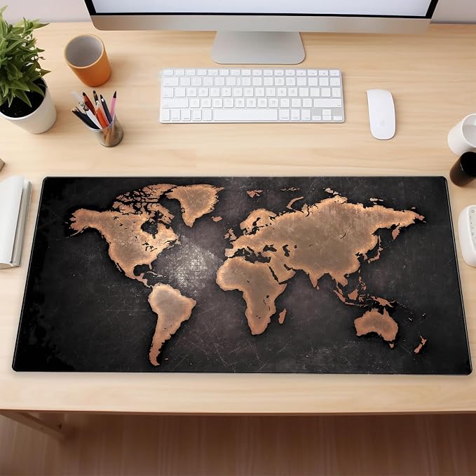 World Map Gaming Desk Pad XXL Large Mouse Pad Vintage Style Full Desk Mat Extended Keyboard Pad with Stitched Edges, Non-Slip Base (31.5" x 15.7")