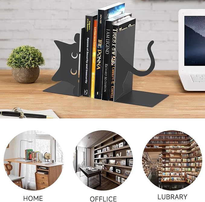 Book Ends Decorative,ENCIMART Book Ends,Metal Bookends,Book Holders for Shelves,Office Decorative Bookends,1.5mm Thickened Book Ends,Bedroom Library Office School Book Desktop Organizer Gift（Cat）