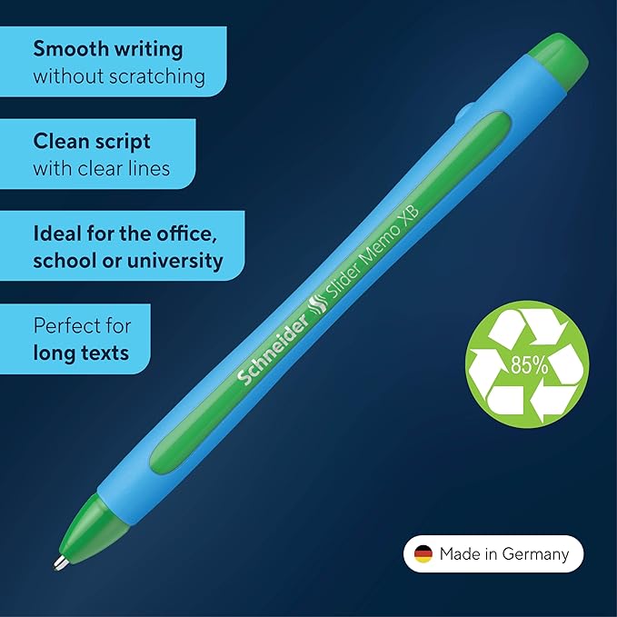Schneider Slider Memo XB (Extra Broad) Ballpoint Pen, 1.4 mm, Light Blue Barrel, Green Ink, Box of 10 Pens (150204)