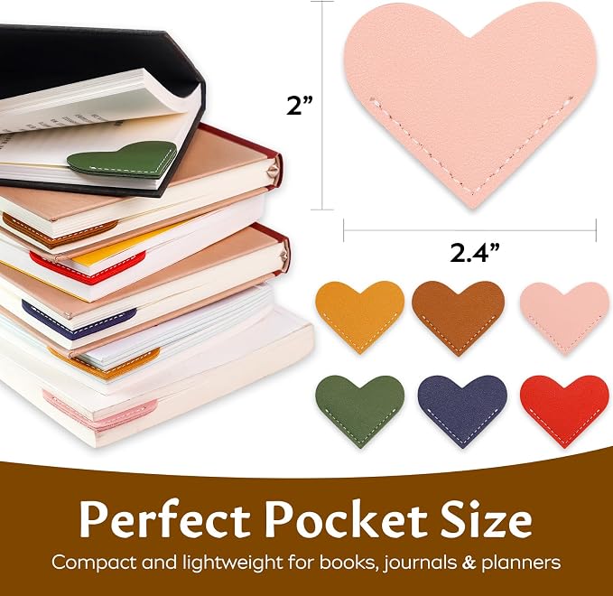 6 Pcs Cute Leather Heart Bookmarks, Book Marks for Reading Women Teachers Book Lovers Kids Students Book Accessories, Bookish Gifts for Women Friends Girls Office, Stocking Stuffers for Women Readers