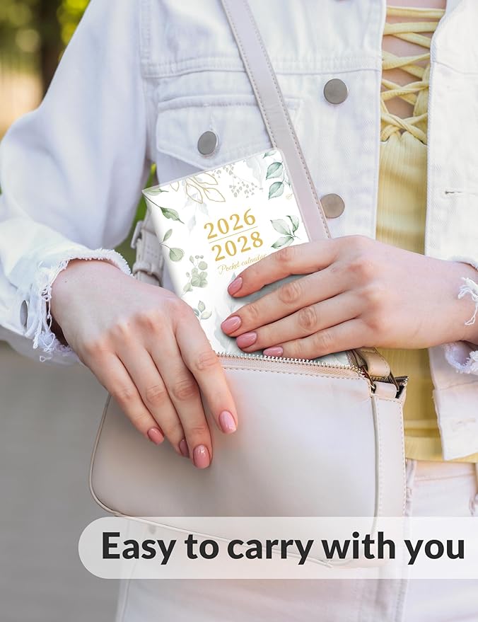 SUNEE Pocket Calendar May 2026 to June 2028 - Two Year Monthly Planner Small Calendar 3.5" x 6" Organizer for Daily & Yearly Schedule - Compact Agenda Notebook for School, Work, Women, Greenery
