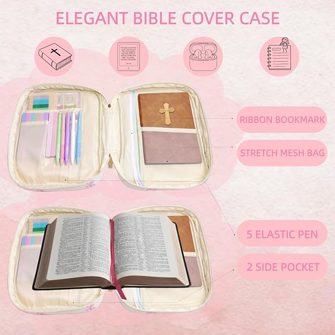 Bible Cover Case for Women Large Bible Cover Bag Bible Study Supplies Accessories Handle Quilted Bible Carrying Case for Girls Christian Gifts for Women